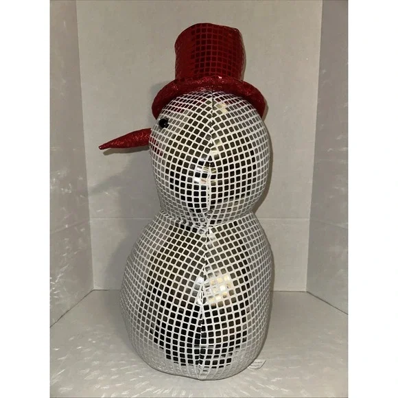 Holiday Snowman Disco Ball Silver Mirrored Tabletop Decor Red Top Hat New - Picture 3 of 4